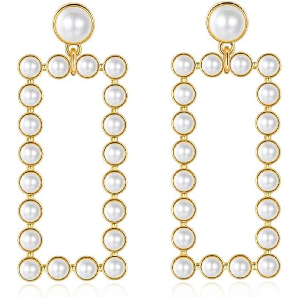 14K Gold Geometric Pearl Earrings | Chunky Modern Drop Earrings